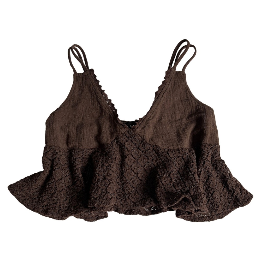 Vici Brown Lace Cami Top Boho V-Neck Tie Back Double Strap Cotton Womens Small
